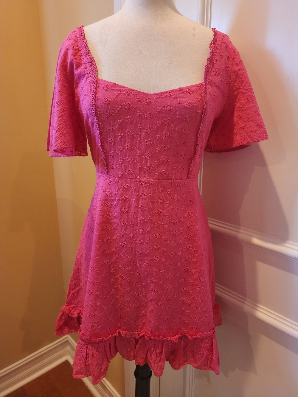 Square-Neck Pink Eyelet Mini Dress with Ruffle Hem